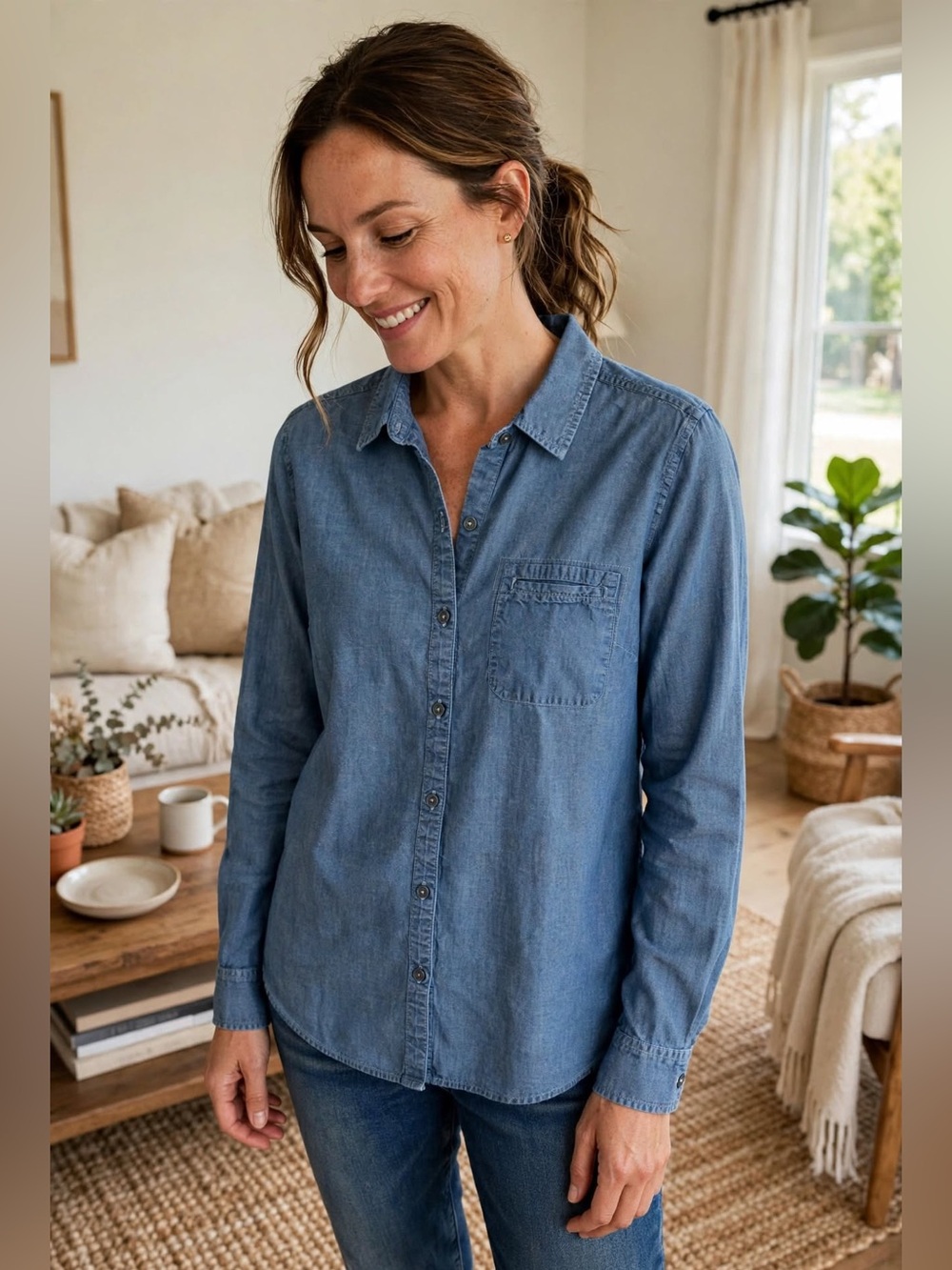J.Jill Women’s Medium Blue Chambray Button Down Shirt 100% Cotton